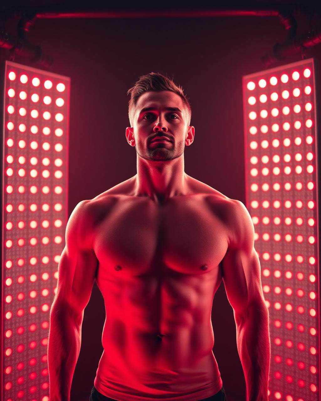 Mann vor einem grossen Rotlicht-Panel nach dem Training