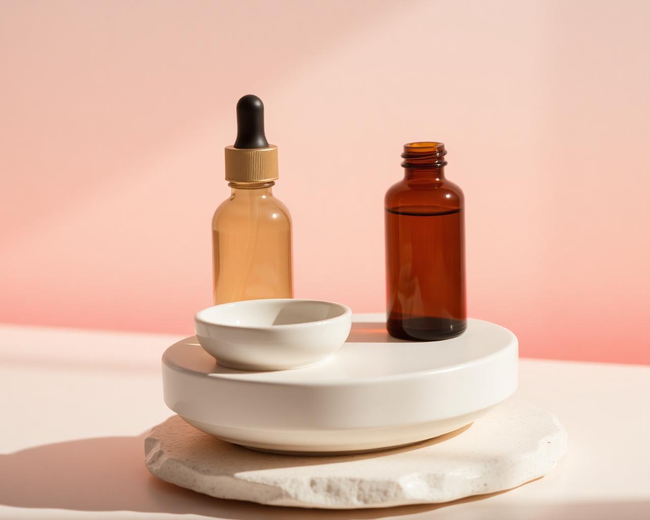 Minimalistisches Skincare-Stillleben in warmem Rotlicht