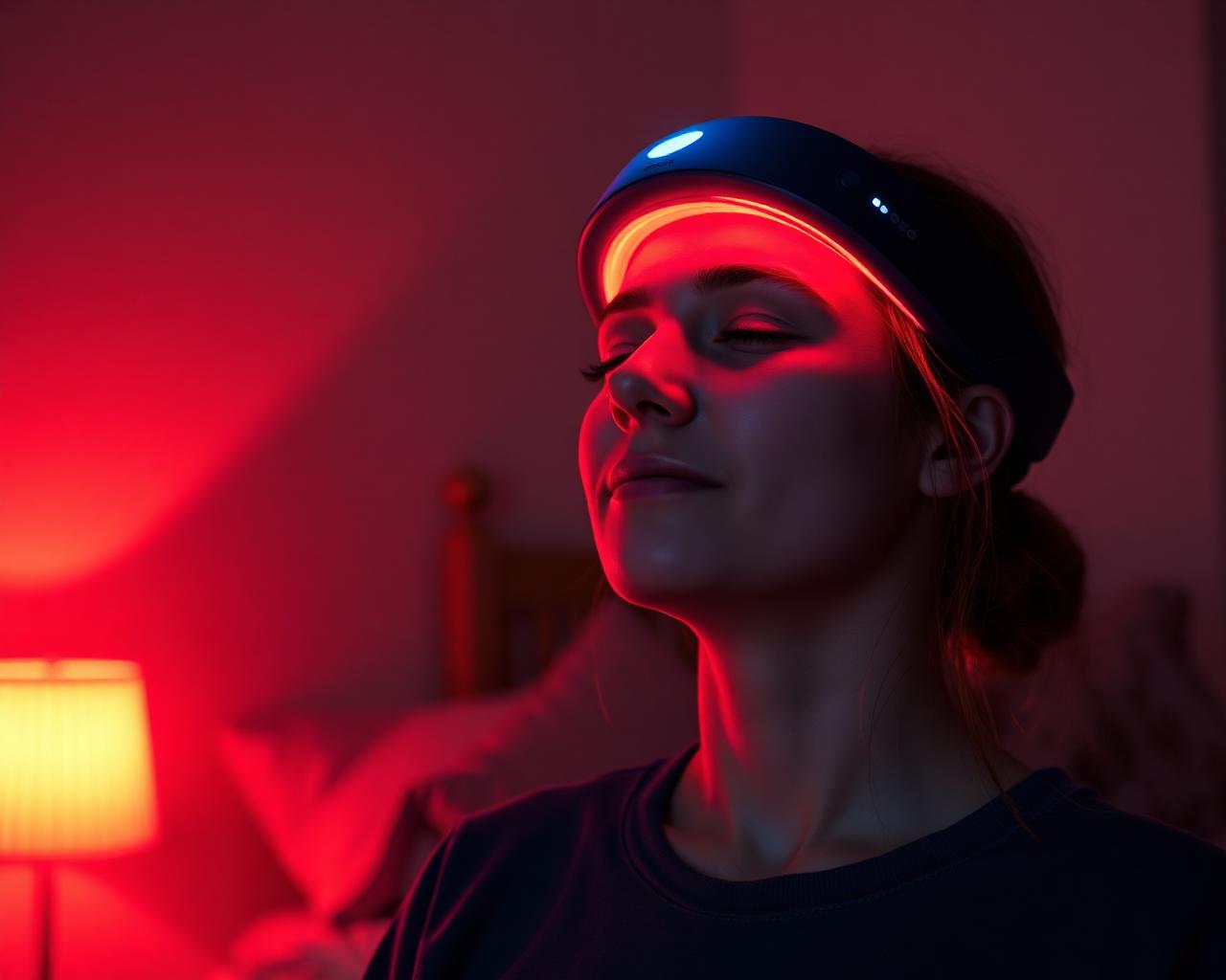 Person mit Nahinfrarot-Stirnband in einem warm beleuchteten Schlafzimmer